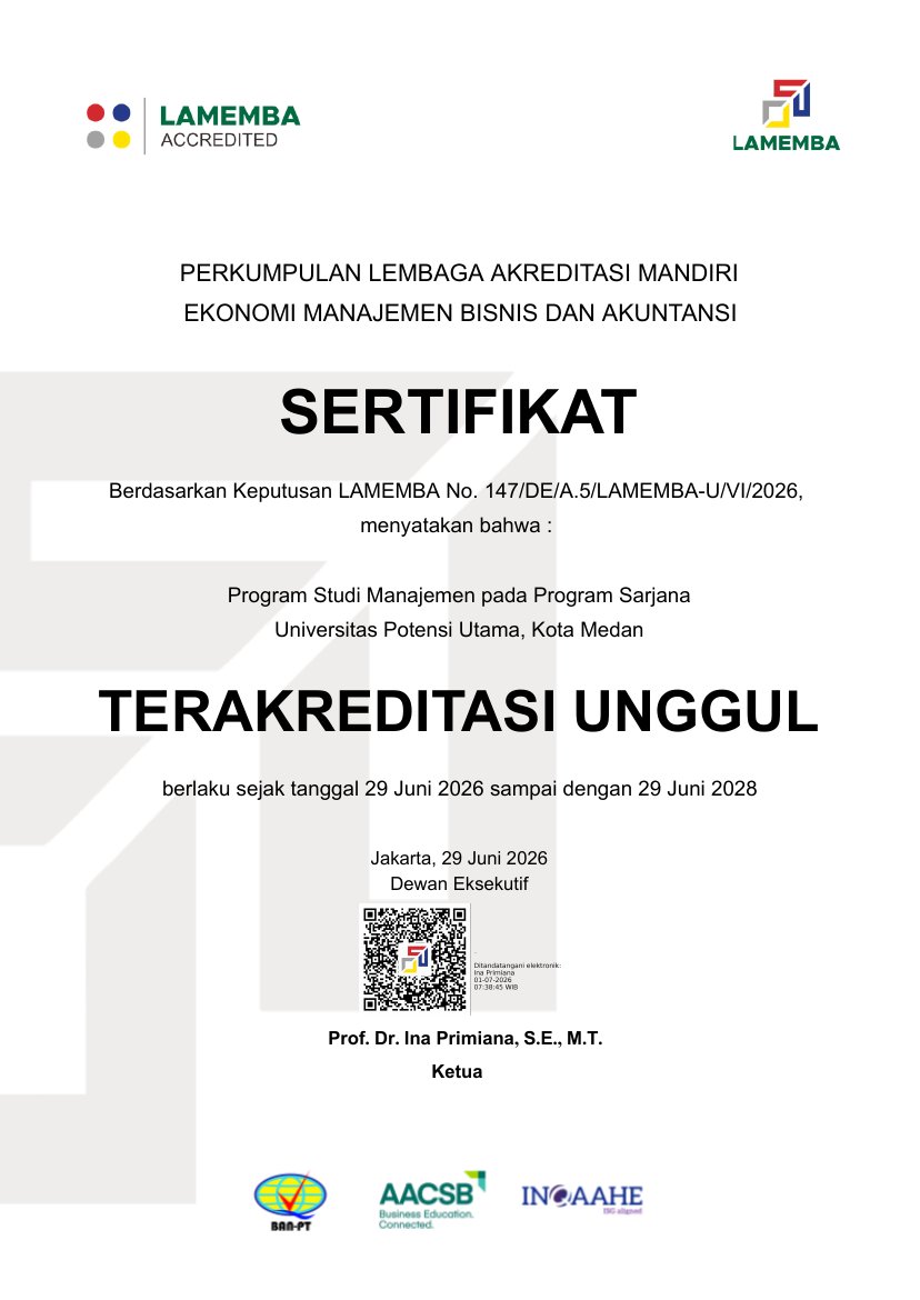 Sertifikat Akreditasi Unggul LAMEMBA - Program Studi Manajemen Universitas Potensi Utama